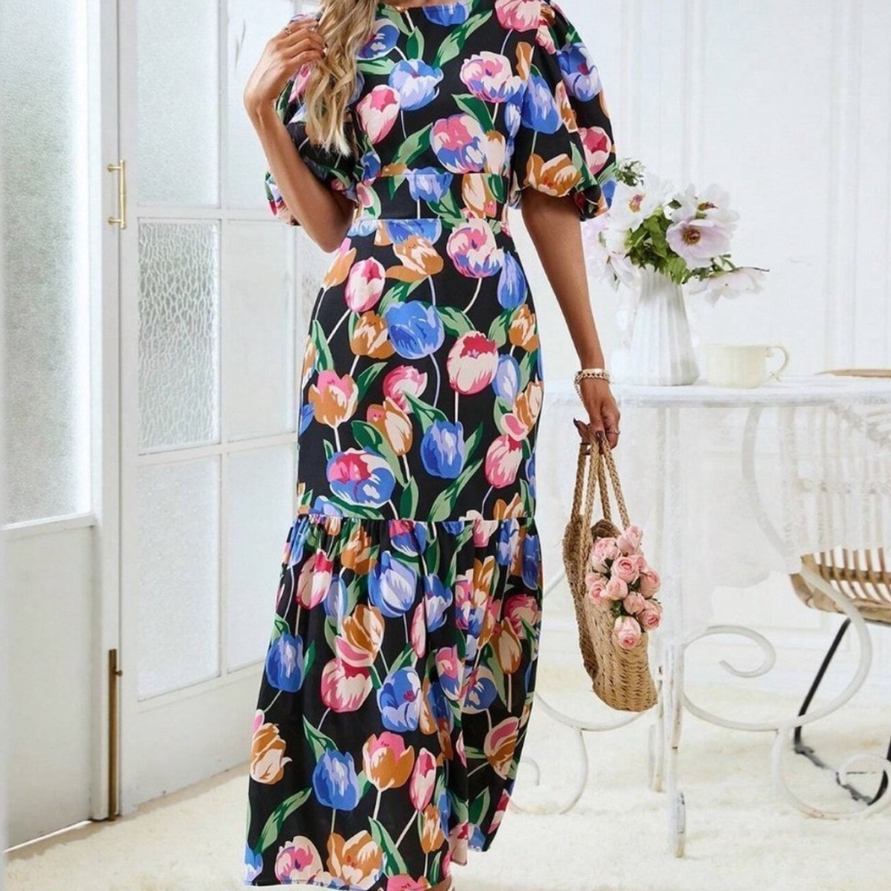 Multicolor Boho Womens Floral Print Puff Sleeve Ruffle Hem Dress